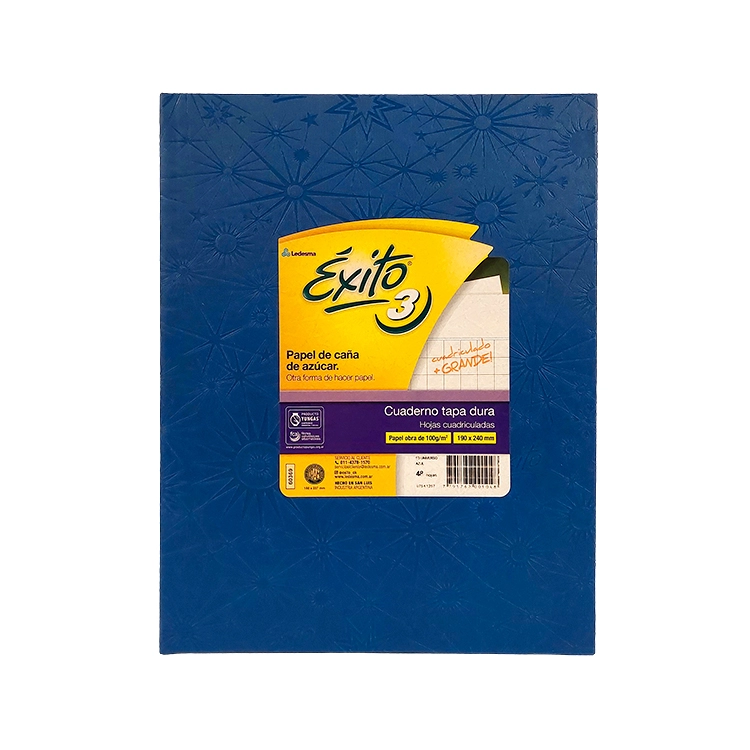 Cuaderno Escolar Tapa Dura Exito E3 19x24 48 Hojas Cuadro Grande Forrado Azul Art.103263